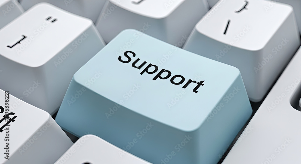 Poster close-up of a keyboard with a support button for online assistance and customer service, ideal for t