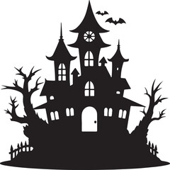 spooky haunted house silhouette, black and white silhouette, vector and illustration