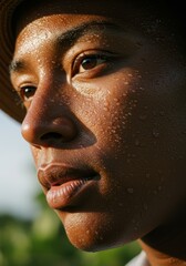 Close-up of a Sweaty Person's Face in the Sun