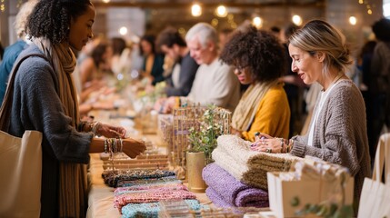 Artisans showcase handmade crafts at a bustling marketplace in a vibrant indoor setting during a weekend event