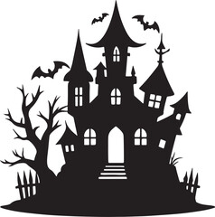 spooky haunted house silhouette, black and white silhouette, vector and illustration