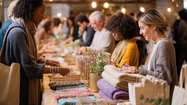 Artisans showcase handmade crafts at a bustling marketplace in a vibrant indoor setting during a weekend event