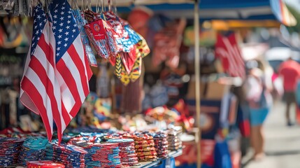 American flags and patriotic themed merchandise at a market stall on a sunny day outside event