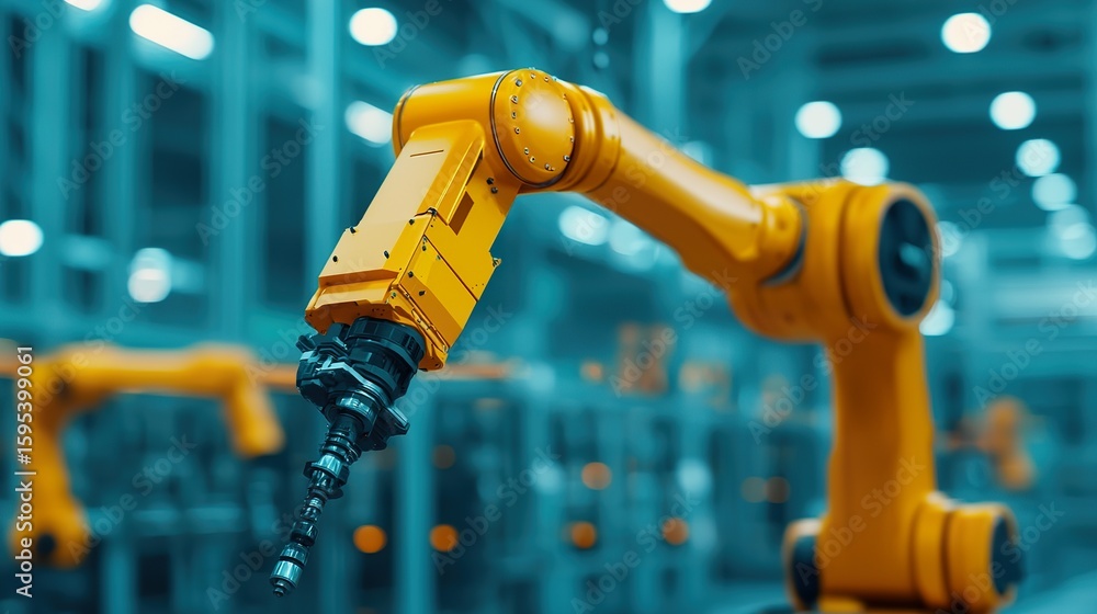 Poster robotic arm performing a precise task in a factory, automation, future