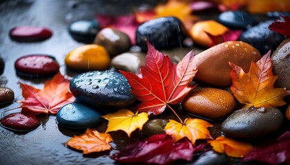 close up of wet colorful stones and autumn leaves in rain