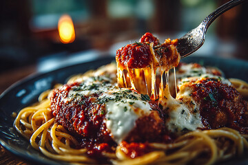 Delicious freshly baked chicken parmigiana with melted mozzarella and rich marinara sauce served alongside buttery spaghetti pasta meal