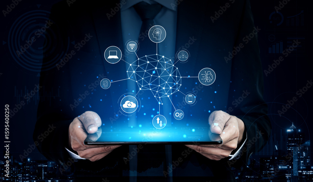 Poster a visual of artificial intelligence network connecting ai, network, and system across a structured d