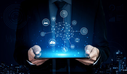 A visual of artificial intelligence network connecting AI, network, and system across a structured...