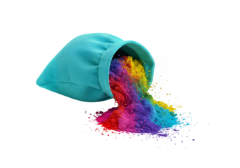 Bag of colorful Holi powder spilling out in a pile on a black surface