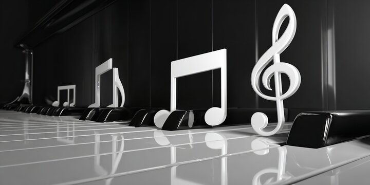 Dynamic Piano Keys with Floating 3D Music Notes &ndash; Monochrome Background for Creative Musical Art and Advertisement