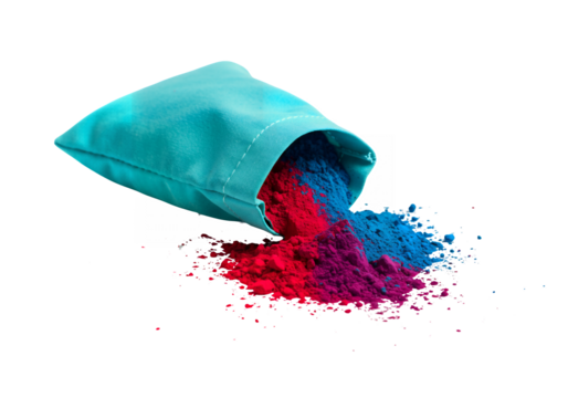 Blue bag spills red and blue powder onto a black surface creating a purple mix