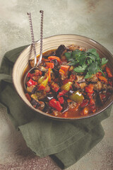 Ajapsandali, cold appetizer, vegetable stew, stewed vegetables, Caucasian cuisine,