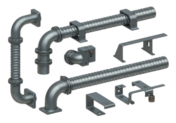 An industrial piping system and bracket supports are depicted against a black background