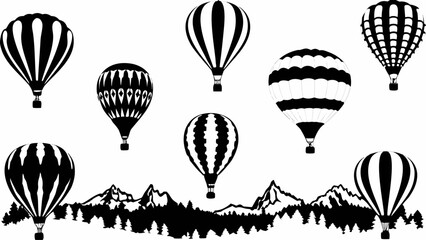 Black and white illustration of several hot air balloons floating above a mountain range scenery view