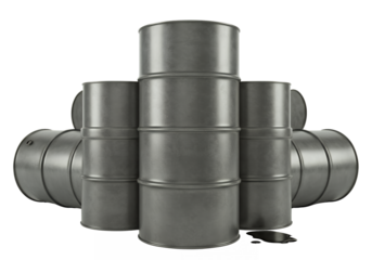 Oil drums are stacked in a pyramid shape with a spill at the bottom