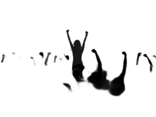 Silhouette of a crowd cheering with arms raised in a dark setting with a woman on shoulders