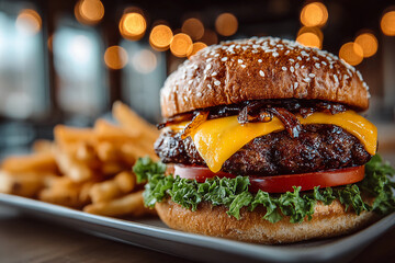 Juicy cheeseburger with grilled beef patty, melted cheddar, caramelized onions, fresh lettuce, ripe tomatoes, and crispy fries on a plate