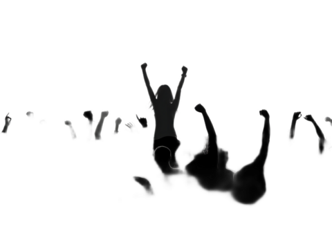Silhouette of a crowd cheering with arms raised in a dark setting with a woman on shoulders