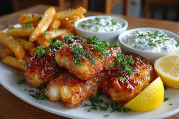 Crispy golden battered fish and chips served with chunky fries and creamy tartar sauce delicious fried seafood classic meal