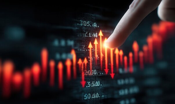 Analyst highlights rising stock market trends with upward arrows and candlestick charts