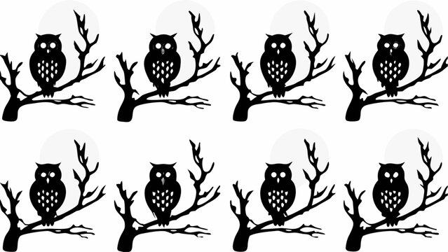 Silhouetted owls perched on branches against a moonlit backdrop creating a spooky atmosphere design