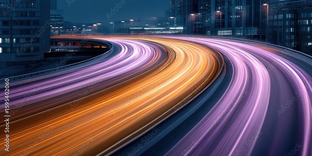 Poster glowing lines of light form dynamic patterns on an urban highway at night