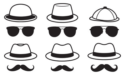 Black and white vector icons of hats sunglasses and mustaches fedora bowler hat