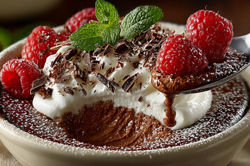 Decadent chocolate mousse dessert topped with whipped cream curls, shaved chocolate, and fresh vibrant raspberries in a tempting bowl
