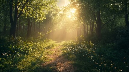 Obraz premium Sunlit forest path scenic landscape photography nature walk trees sunlight green foliage outdoor adventure travel silhouette