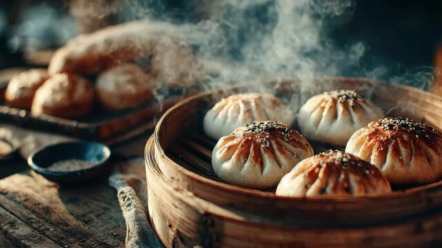 Steaming Sesame Seed Buns in Wooden Steamer on Rustic Wooden Table