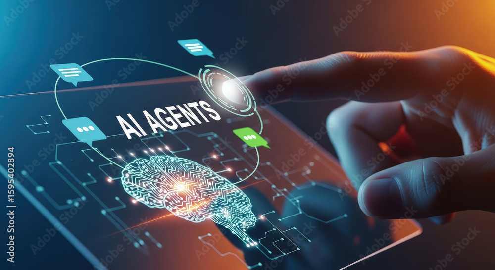 Poster ai agents concept: hand interacting with digital brain interface on tablet. futuristic technology, m