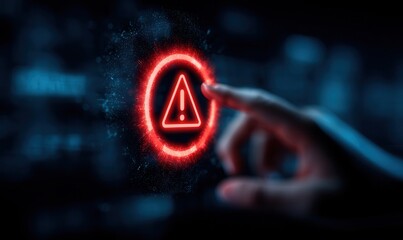 System warning alert on virtual interface with hand interaction indicating cybersecurity risks and data breaches