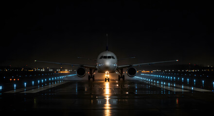 Airplane on runway at night with lights reflecting on the wet surface and dark sky above the plane