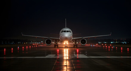 Airplane on runway at night with illuminated lights and dark sky ready for taking off or landing