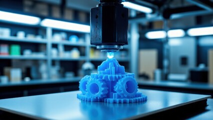 FDM 3D printer printing intricate blue gear, glowing nozzle, industrial lab with steel shelves, soft blue LED accent lighting. 3d printing machine in action for detailed parts.