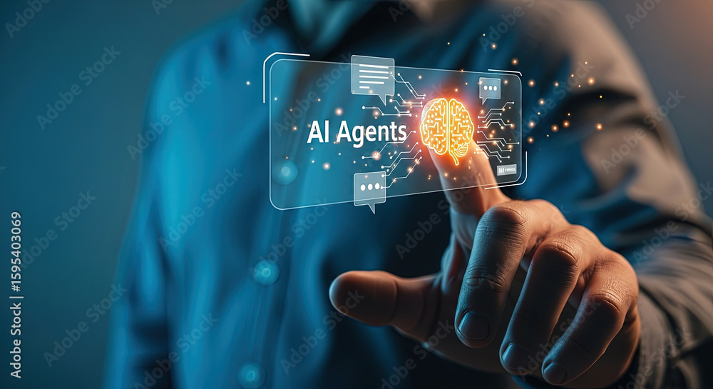 Poster ai agents concept: man interacting with artificial intelligence interface, digital brain, futuristic