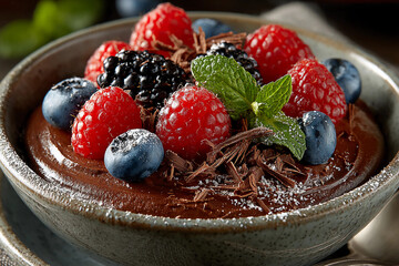 Indulgent bowl of rich chocolate mousse topped with dark chocolate shavings and fresh berries captured before the first bite