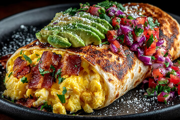 Vibrant breakfast burrito filled with scrambled eggs, avocado, crispy bacon, cheese, and fresh pico de gallo on a plate