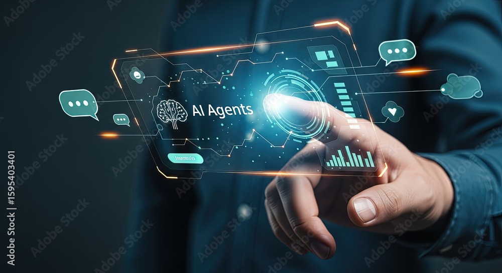 Poster innovative ai agents interface: man interacting with advanced artificial intelligence on a futuristi