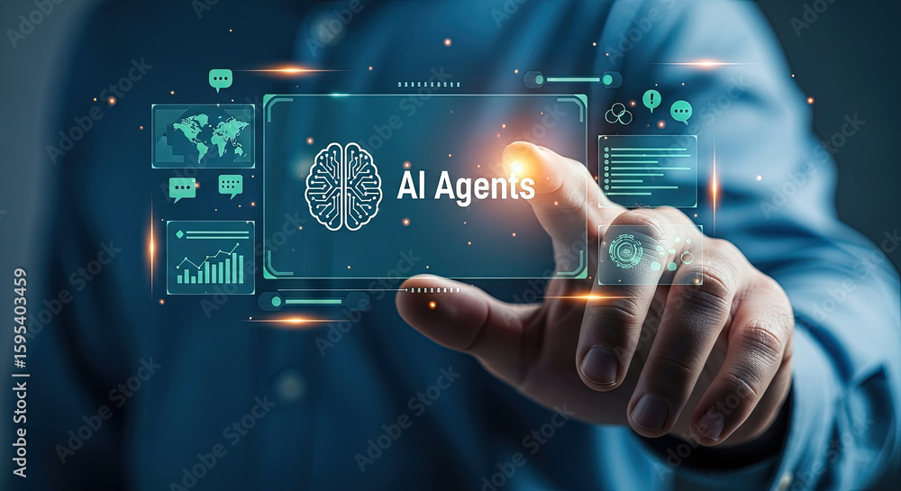 Poster ai agents interface: man interacting with futuristic technology, digital brain, data analysis, and g