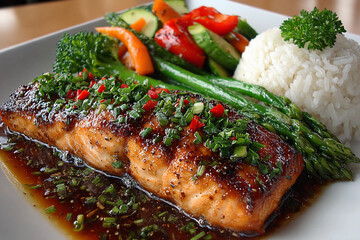Delicious Teriyaki Glazed Salmon with Steamed Jasmine Rice and Colorful Sautéed Vegetables on a Beautifully Plated Dish