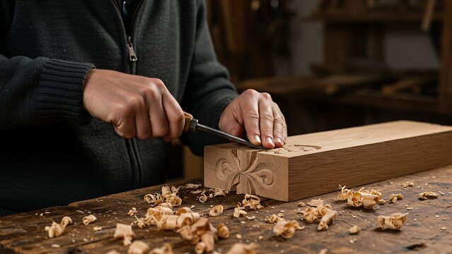 Craftsman meticulously carving wood with a sharp chisel