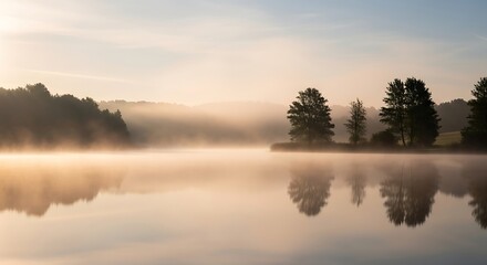 Serene lake landscape at dawn with mist, reflections, and tranquil atmosphere for relaxation