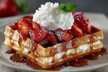 Delicious stack of fluffy Belgian waffles with whipped cream, fresh strawberries, and golden maple syrup served on a plate