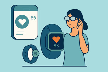 Woman using smartwatch and mobile app to monitor heart rate Shows wearable technology health tracking fitness monitoring and modern digital healthcare device