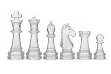 Classic glass chess pieces arranged on a transparent background, poised for an engaging and strategic game of intellect and skill