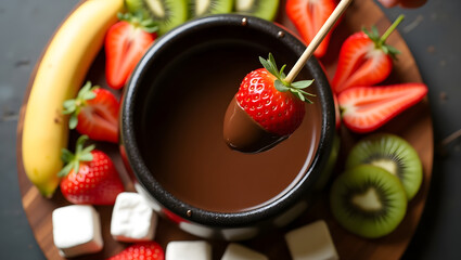 Chocolate fondue pot with strawberry on stick in center of round tray with banana, kiwi, strawberries and marshmallows in cozy flat lay scene