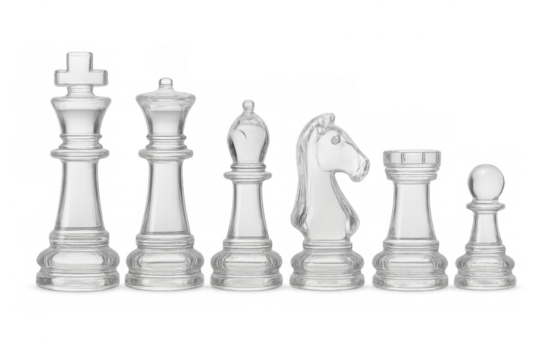 Classic glass chess pieces arranged on a transparent background, poised for an engaging and strategic game of intellect and skill