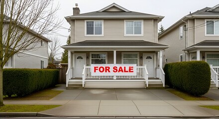 Duplex house with a for sale sign on the porch in a suburban neighborhood on a cloudy day outside view