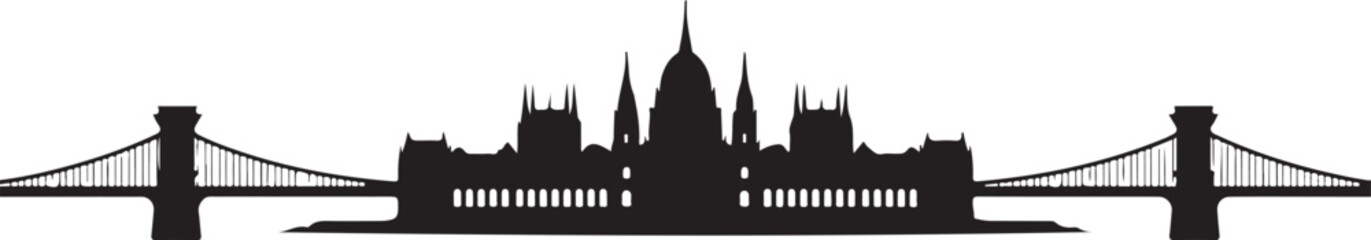 Naklejka premium Black Silhouette Vector of Budapest Skyline — Includes Parliament Building and Chain Bridge. Elegant Architectural Cityscape on White Background